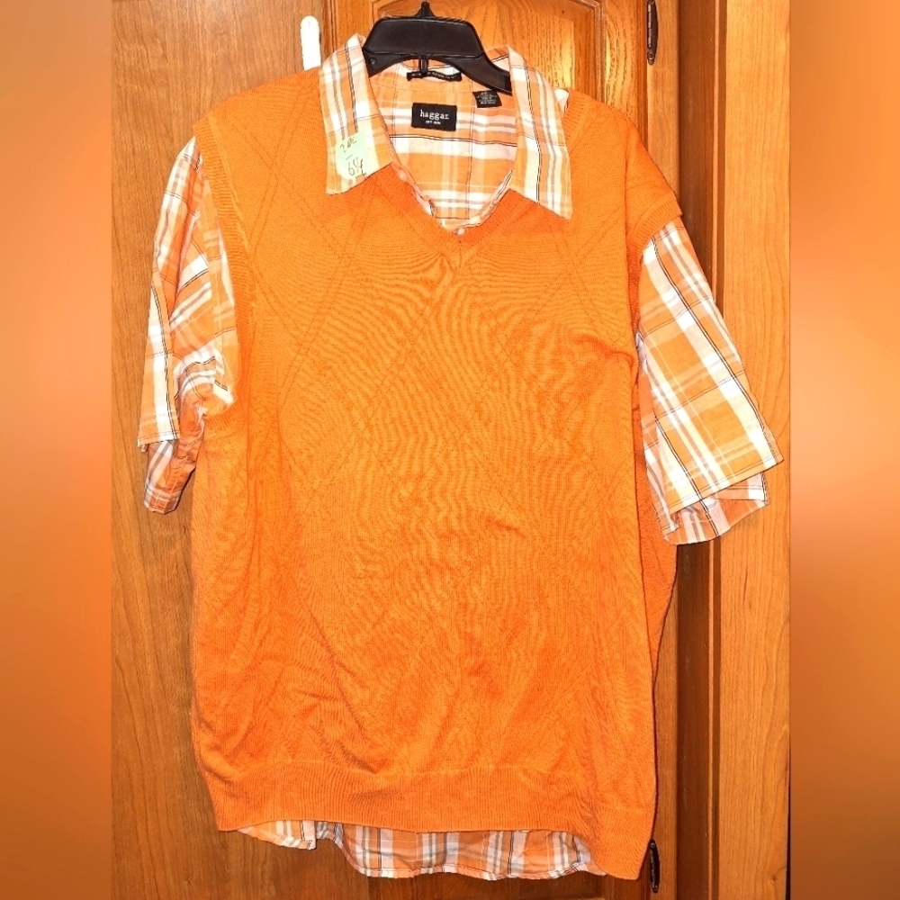 A Haggar XXL short sleeve shirt and an XXL  mathing sweater vest.